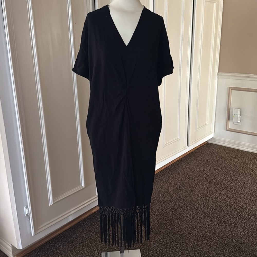 Linen Blend Black Dress with Fringe Detail